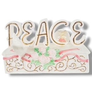 Mini Waterglobe Sculpture Porcelain Peace Lettering White Doves Pink Roses